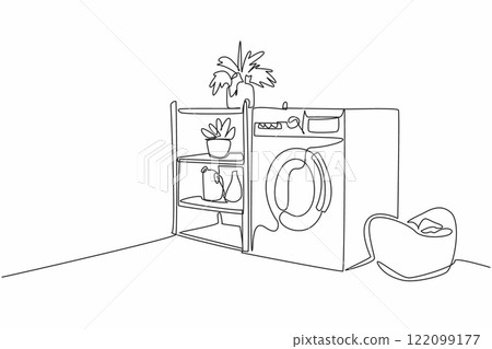 Single continuous line drawing washing machine adjacent to a plant pot rack filled with several pots. A neat corner of the laundry room. National Laundry Day. One line design vector illustration Single continuous line drawing washing machine adjacent to a plant pot rack filled with several pots. A neat corner of the laundry room. National Laundry Day. One line design vector illustration 122099177