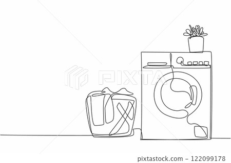 Single one line drawing above the front loading washing machine there is plant pot. Dirty clothes that have not been washed. Interior. National Laundry Day. Continuous line design graphic illustration Single one line drawing above the front loading washing machine there is plant pot. Dirty clothes that have not been washed. Interior. National Laundry Day. Continuous line design graphic illustration 122099178