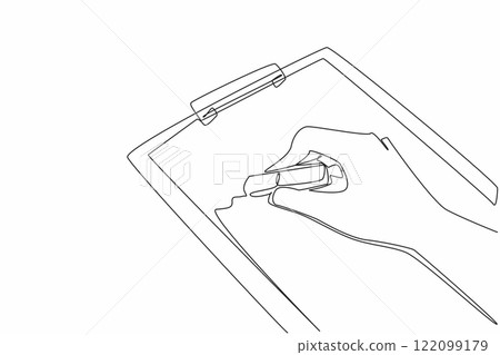 Single one line drawing hand is erasing writing on paper on clipboard with a rubber eraser. Delete unnecessary notes. Efficient. National Rubber Eraser Day. Continuous line design graphic illustration 122099179