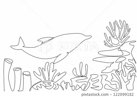 Single continuous line drawing a dolphin is swimming around the coral reef. Looking for some needed food. Mutualistic symbiosis. Habitat. National Dolphin Day. One line design vector illustration Single continuous line drawing a dolphin is swimming around the coral reef. Looking for some needed food. Mutualistic symbiosis. Habitat. National Dolphin Day. One line design vector illustration 122099182