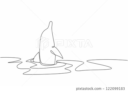 Single one line drawing a dolphin with half its body out of the water. Animal habits. Entertainment for humans who see. Attraction. National Dolphin Day. Continuous line design graphic illustration 122099183