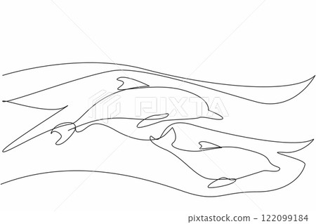 Single continuous line drawing 2 dolphins swimming. Aquatic mammals are known for their high intelligence. Jumping out of the water. Habits. National Dolphin Day. One line design vector illustration 122099184
