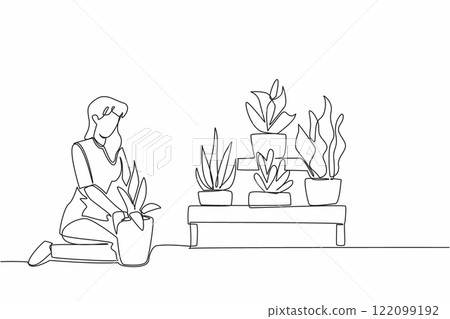 Continuous one line drawing a woman in casual clothes sits on the floor while planting plants in pots. Moving from polybags to pots. National Gardening Day. Single line draw design vector illustration Continuous one line drawing a woman in casual clothes sits on the floor while planting plants in pots. Moving from polybags to pots. National Gardening Day. Single line draw design vector illustration 122099192
