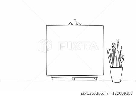 Single one line drawing paint brushes in paint brush container with painting canvas. A blank canvas will soon be painted with amazing art. World Art Day. Continuous line design graphic illustration 122099193