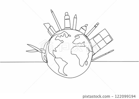 Single one line drawing various art tools around the globe. Art makes life in the world colorful. Pleasant. Excitement. Channeling hobbies. World Art Day. Continuous line design graphic illustration Single one line drawing various art tools around the globe. Art makes life in the world colorful. Pleasant. Excitement. Channeling hobbies. World Art Day. Continuous line design graphic illustration 122099194