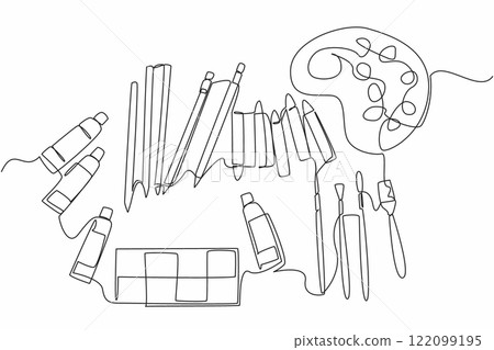 Single continuous line drawing some of the painting tools needed have been collected. Pouring interesting ideas or thoughts into paintings on canvas. World Art Day. One line design vector illustration Single continuous line drawing some of the painting tools needed have been collected. Pouring interesting ideas or thoughts into paintings on canvas. World Art Day. One line design vector illustration 122099195
