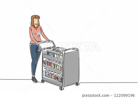 Single continuous line drawing woman in casual clothes pushing trolley full of rows of books. Some books will be repaired. Reading comfort. National Librarian Day. One line design vector illustration Single continuous line drawing woman in casual clothes pushing trolley full of rows of books. Some books will be repaired. Reading comfort. National Librarian Day. One line design vector illustration 122099196