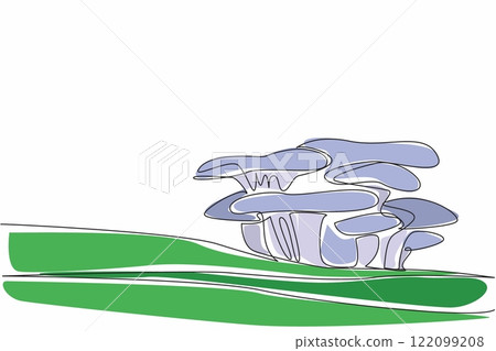 Continuous one line drawing blue hat oyster mushroom on mossy tree trunk. As additional ingredient in cooking. Adding flavor to broth. Day of the Mushroom. Single line draw design vector illustration Continuous one line drawing blue hat oyster mushroom on mossy tree trunk. As additional ingredient in cooking. Adding flavor to broth. Day of the Mushroom. Single line draw design vector illustration 122099208