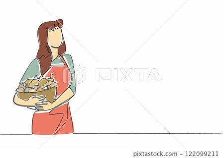 Single continuous line drawing female farmer wearing an apron hugging a wicker basket filled with piles of mushrooms. A happy harvest time. Day of the Mushroom. One line design vector illustration Single continuous line drawing female farmer wearing an apron hugging a wicker basket filled with piles of mushrooms. A happy harvest time. Day of the Mushroom. One line design vector illustration 122099211