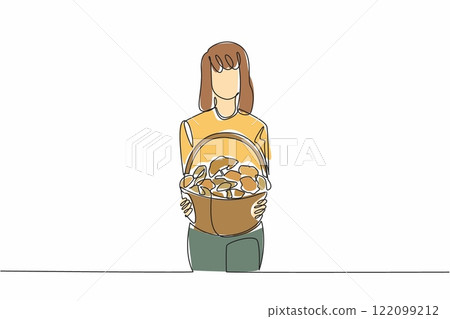 Single continuous line drawing woman carrying wicker basket filled with piles of mushrooms. Harvest not as expected. Weather is unpredictable. Day of the Mushroom. One line design vector illustration Single continuous line drawing woman carrying wicker basket filled with piles of mushrooms. Harvest not as expected. Weather is unpredictable. Day of the Mushroom. One line design vector illustration 122099212