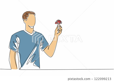 Single one line drawing man in casual clothes holding poisonous mushroom. Explaining inedible mushrooms. Harmful to the body. Danger. Day of the Mushroom. Continuous line design graphic illustration Single one line drawing man in casual clothes holding poisonous mushroom. Explaining inedible mushrooms. Harmful to the body. Danger. Day of the Mushroom. Continuous line design graphic illustration 122099213