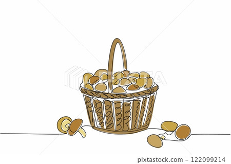 Continuous one line drawing woven basket containing piles of various types of mushrooms. Harvest with abundant and satisfying results. Day of the Mushroom. Single line draw design vector illustration Continuous one line drawing woven basket containing piles of various types of mushrooms. Harvest with abundant and satisfying results. Day of the Mushroom. Single line draw design vector illustration 122099214
