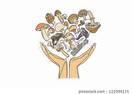 Continuous one line drawing 2 hands holding several variants of heart-shaped mushrooms. Symbol of connoisseur of stir-fried mushrooms. Day of the Mushroom. Single line draw design vector illustration Continuous one line drawing 2 hands holding several variants of heart-shaped mushrooms. Symbol of connoisseur of stir-fried mushrooms. Day of the Mushroom. Single line draw design vector illustration 122099215