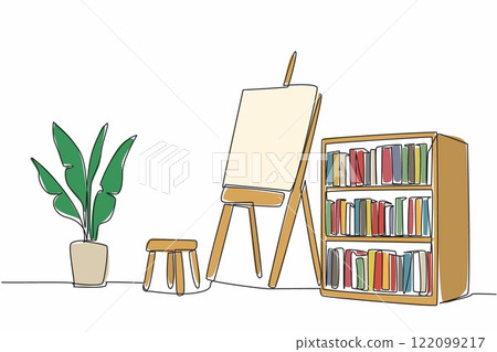 Continuous one line drawing a corner of a room in a painting studio. A place to channel the hobby of creating charming paintings. The craft. World Art Day. Single line draw design vector illustration Continuous one line drawing a corner of a room in a painting studio. A place to channel the hobby of creating charming paintings. The craft. World Art Day. Single line draw design vector illustration 122099217