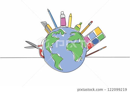 Single one line drawing various art tools around the globe. Art makes life in the world colorful. Pleasant. Excitement. Channeling hobbies. World Art Day. Continuous line design graphic illustration Single one line drawing various art tools around the globe. Art makes life in the world colorful. Pleasant. Excitement. Channeling hobbies. World Art Day. Continuous line design graphic illustration 122099219