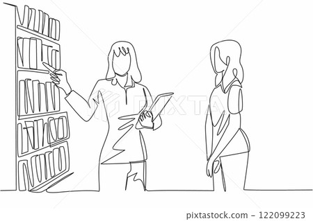 Continuous one line drawing female librarian gives books to female visitors. Helps to pick up books. Gives good suggestions. Worker. National Librarian Day. Single line draw design vector illustration 122099223