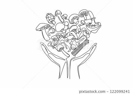 Continuous one line drawing 2 hands holding several variants of heart-shaped mushrooms. Symbol of connoisseur of stir-fried mushrooms. Day of the Mushroom. Single line draw design vector illustration 122099241