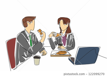 Single one line drawing businessman and businesswoman are eating pizza at the office table. Ordering food. Discussing work. National Make Lunch Count Day. Continuous line design graphic illustration Single one line drawing businessman and businesswoman are eating pizza at the office table. Ordering food. Discussing work. National Make Lunch Count Day. Continuous line design graphic illustration 122099270