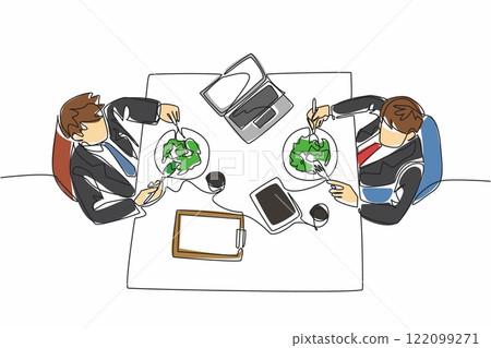 Single continuous line drawing two businessmen are eating at the dining table. Preparing for a meeting while having lunch. Important. National Make Lunch Count Day. One line design vector illustration Single continuous line drawing two businessmen are eating at the dining table. Preparing for a meeting while having lunch. Important. National Make Lunch Count Day. One line design vector illustration 122099271
