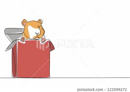 Continuous one line drawing hamster head and legs come out of cardboard box. Box is used as a place to play and hide. Adorable behavior. World Hamster Day. Single line draw design vector illustration Continuous one line drawing hamster head and legs come out of cardboard box. Box is used as a place to play and hide. Adorable behavior. World Hamster Day. Single line draw design vector illustration 122099272