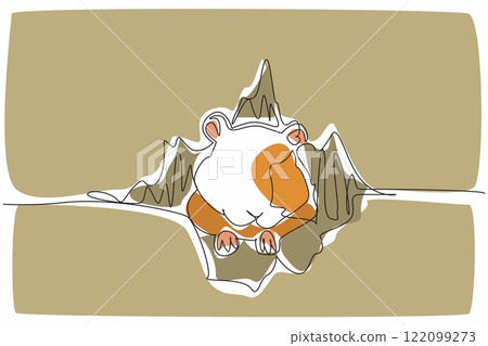 Single continuous line drawing hamster head and legs come out of the cardboard hole. Tear the cardboard to escape to play outside the box. Cute. World Hamster Day. One line design vector illustration 122099273