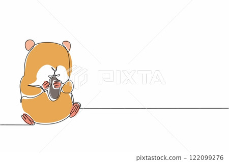 Continuous one line drawing hamster eating sunflower seeds. Eat the favorite food. Eat heartily. Adorable animal behavior. Fluffy fauna. World Hamster Day. Single line draw design vector illustration Continuous one line drawing hamster eating sunflower seeds. Eat the favorite food. Eat heartily. Adorable animal behavior. Fluffy fauna. World Hamster Day. Single line draw design vector illustration 122099276