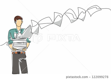 Single one line drawing businessman carrying pile of work papers blown away by the wind. A strong gust of wind ruffled the documents. National Big Wind Day. Continuous line design graphic illustration Single one line drawing businessman carrying pile of work papers blown away by the wind. A strong gust of wind ruffled the documents. National Big Wind Day. Continuous line design graphic illustration 122099278