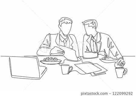 Continuous one line drawing two businessmen eating salad at the office table. Reviewing meeting results over lunch. Sharing. National Make Lunch Count Day. Single line draw design vector illustration Continuous one line drawing two businessmen eating salad at the office table. Reviewing meeting results over lunch. Sharing. National Make Lunch Count Day. Single line draw design vector illustration 122099292
