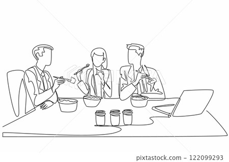 Single continuous line drawing businessman and businesswoman sitting together eating salad at the office table. Snacking together. National Make Lunch Count Day. One line design vector illustration Single continuous line drawing businessman and businesswoman sitting together eating salad at the office table. Snacking together. National Make Lunch Count Day. One line design vector illustration 122099293
