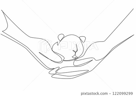 Single one line drawing the hamster is being held by two hands. Carried carefully and lovingly. Animal owner and lover. Adorable animal. World Hamster Day. Continuous line design graphic illustration 122099299