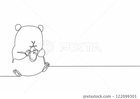 Continuous one line drawing hamster eating sunflower seeds. Eat the favorite food. Eat heartily. Adorable animal behavior. Fluffy fauna. World Hamster Day. Single line draw design vector illustration 122099301