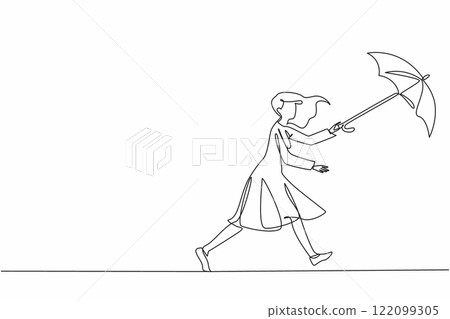 Continuous one line drawing a woman runs after a flying umbrella. The strong gusts of wind can blow anything away. Extreme weather. National Big Wind Day. Single line draw design vector illustration Continuous one line drawing a woman runs after a flying umbrella. The strong gusts of wind can blow anything away. Extreme weather. National Big Wind Day. Single line draw design vector illustration 122099305