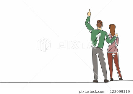 Single one line drawing rear view, a man in casual clothes embracing a woman with his hand pointing upwards. The aurora in awe. Look Up at The Sky Day. Continuous line design graphic illustration 122099319