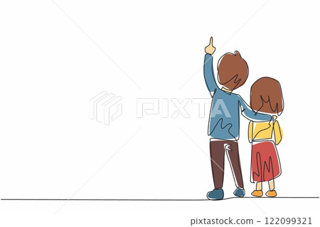 Single continuous line drawing rear view, a boy embraces his little sister with his hand pointing up. Learn about natural science. Amazing. Look Up at The Sky Day. One line design vector illustration Single continuous line drawing rear view, a boy embraces his little sister with his hand pointing up. Learn about natural science. Amazing. Look Up at The Sky Day. One line design vector illustration 122099321