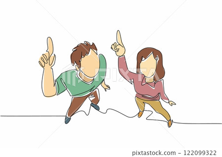 Single one line drawing top view, a man and a woman standing close together with their heads tilted upwards. Shooting star. Amaze. Look Up at The Sky Day. Continuous line design graphic illustration Single one line drawing top view, a man and a woman standing close together with their heads tilted upwards. Shooting star. Amaze. Look Up at The Sky Day. Continuous line design graphic illustration 122099322