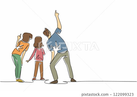 Continuous one line drawing a family gathered as the father pointed upwards. At dawn. Showing the morning star. Venus. Amazing view. Look Up at The Sky Day. Single line draw design vector illustration Continuous one line drawing a family gathered as the father pointed upwards. At dawn. Showing the morning star. Venus. Amazing view. Look Up at The Sky Day. Single line draw design vector illustration 122099323