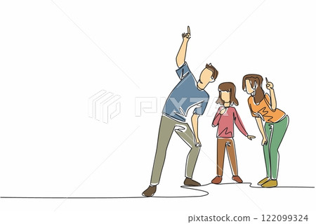 Single continuous line drawing a family gathered as the father pointed upwards. The father showed a beautiful object far up there. Amazing. Look Up at The Sky Day. One line design vector illustration Single continuous line drawing a family gathered as the father pointed upwards. The father showed a beautiful object far up there. Amazing. Look Up at The Sky Day. One line design vector illustration 122099324