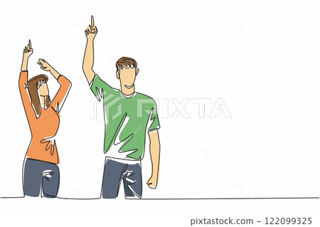 Single one line drawing a woman and a man in casual clothes, their hands pointing upwards. Compete to count the number of stars. Look Up at The Sky Day. Continuous line design graphic illustration 122099325