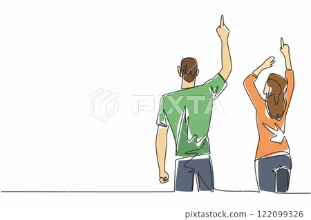 Continuous one line drawing rear view, a woman and a man in casual clothes, their hands pointing upwards. Beautiful spring. Aurora. Look Up at The Sky Day. Single line draw design vector illustration 122099326