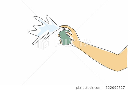 Single continuous line drawing hand spraying perfume. The best way to know scent of perfume. Testing the spray hole. Refreshing woody scent. National Perfume Day. One line design vector illustration 122099327