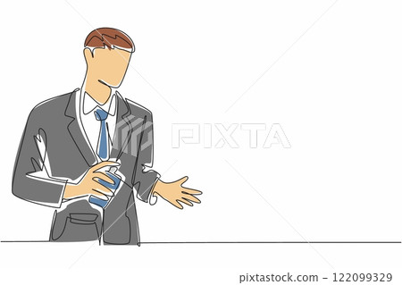 Single continuous line drawing a businessman sprays perfume on the palm of his hand. A masculine scent that is so noticeable. Self-confident. National Perfume Day. One line design vector illustration Single continuous line drawing a businessman sprays perfume on the palm of his hand. A masculine scent that is so noticeable. Self-confident. National Perfume Day. One line design vector illustration 122099329