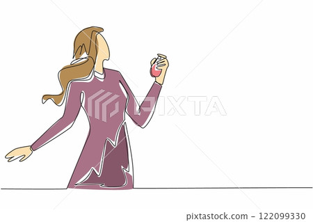 Single one line drawing a businesswoman sprays perfume on her neck. Spray on warm spots to release long-lasting scent. Fashionable. National Perfume Day. Continuous line design graphic illustration 122099330