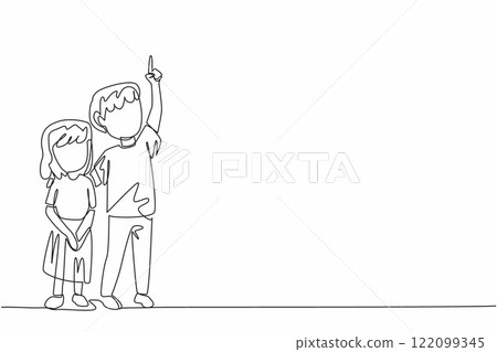 Continuous one line drawing a boy embraces little sister with his hands pointing up. Learn openly from nature. Counting the stars. Look Up at The Sky Day. Single line draw design vector illustration 122099345