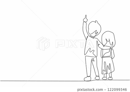 Single continuous line drawing rear view, a boy embraces his little sister with his hand pointing up. Learn about natural science. Amazing. Look Up at The Sky Day. One line design vector illustration Single continuous line drawing rear view, a boy embraces his little sister with his hand pointing up. Learn about natural science. Amazing. Look Up at The Sky Day. One line design vector illustration 122099346