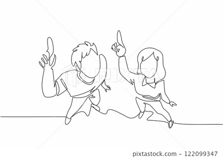 Single one line drawing top view, a man and a woman standing close together with their heads tilted upwards. Shooting star. Amaze. Look Up at The Sky Day. Continuous line design graphic illustration 122099347