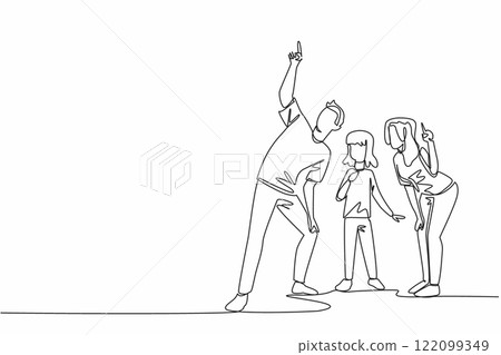 Single continuous line drawing a family gathered as the father pointed upwards. The father showed a beautiful object far up there. Amazing. Look Up at The Sky Day. One line design vector illustration 122099349
