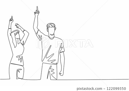 Single one line drawing a woman and a man in casual clothes, their hands pointing upwards. Compete to count the number of stars. Look Up at The Sky Day. Continuous line design graphic illustration Single one line drawing a woman and a man in casual clothes, their hands pointing upwards. Compete to count the number of stars. Look Up at The Sky Day. Continuous line design graphic illustration 122099350