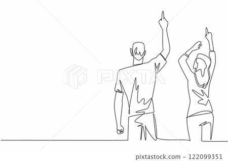 Continuous one line drawing rear view, a woman and a man in casual clothes, their hands pointing upwards. Beautiful spring. Aurora. Look Up at The Sky Day. Single line draw design vector illustration 122099351