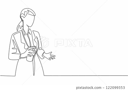 Continuous one line drawing a business woman sprays perfume on the palm of her hand. Gives off a very calming aroma. Stress reliever. National Perfume Day. Single line draw design vector illustration 122099353