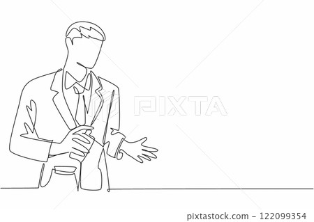 Single continuous line drawing a businessman sprays perfume on the palm of his hand. A masculine scent that is so noticeable. Self-confident. National Perfume Day. One line design vector illustration Single continuous line drawing a businessman sprays perfume on the palm of his hand. A masculine scent that is so noticeable. Self-confident. National Perfume Day. One line design vector illustration 122099354